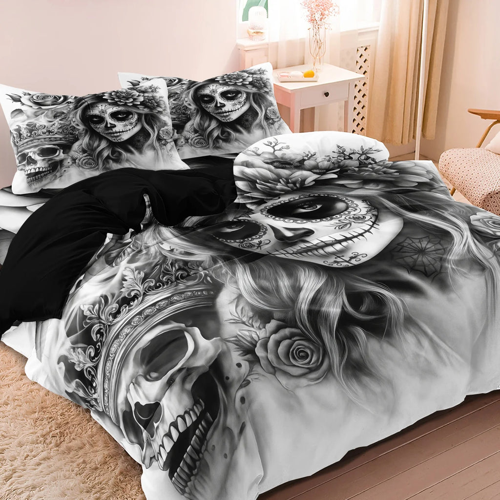3Pcs Gothic Skull Queen Print Duvet Cover Set, Black White Floral Print Bedding Set, For Family Bedrooms Dormitories Hotels TAVEN System LLC