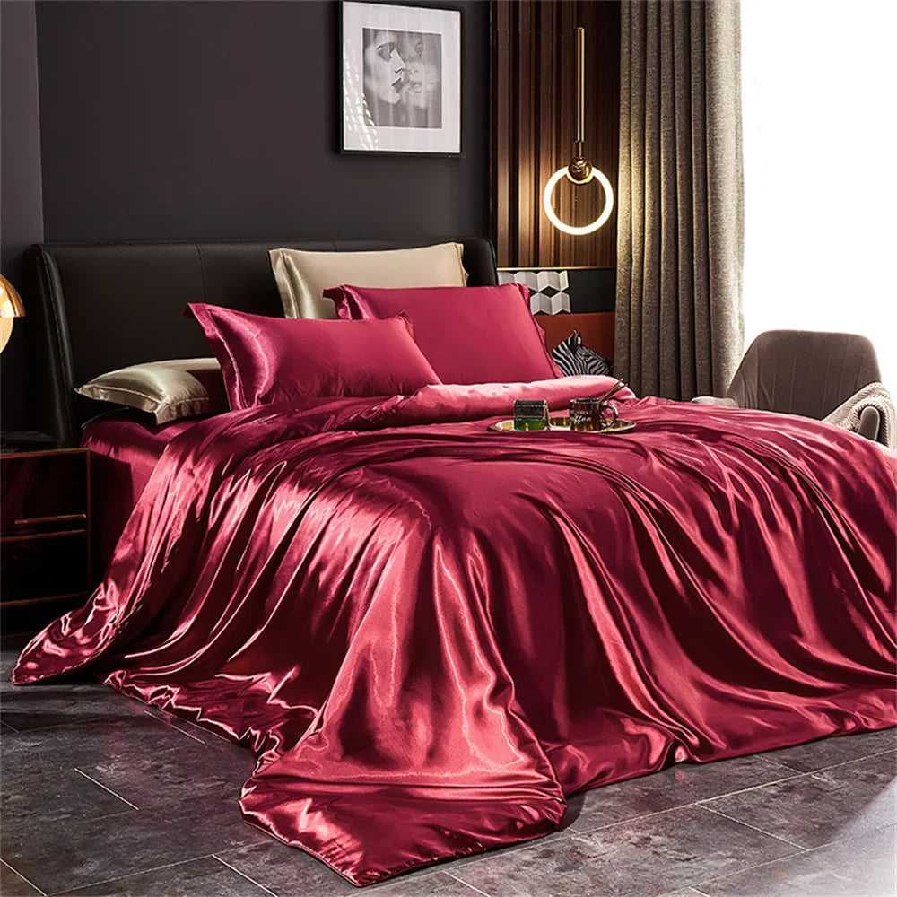 Solid Silk Bedding Set with Duvet Cover Bed Sheet Pillowcases Luxury Satin Single Double Bedsheet King Queen Twin Size TAVEN System LLC