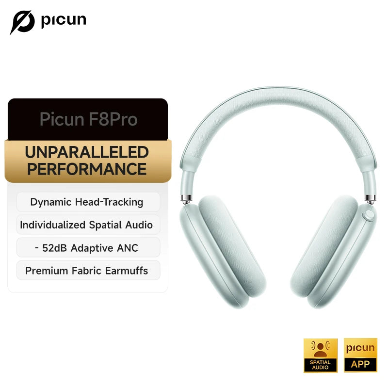 Picun F8 Pro ANC Wireless Headphones Head Tracking 3D Spatial Audio -52dB ANC HIFI Bluetooth Headset ENC HD Mic Low-Latency APP TAVEN System LLC