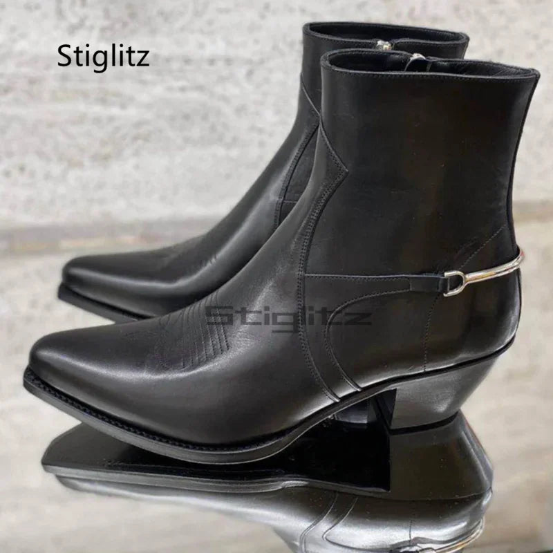 Genuine Leather Embroidery Men's Boots Pointy Chelsea Boots Snakeskin Metal Decor Chunky Heeled Ankle Boots Party Male Shoes TAVEN System LLC