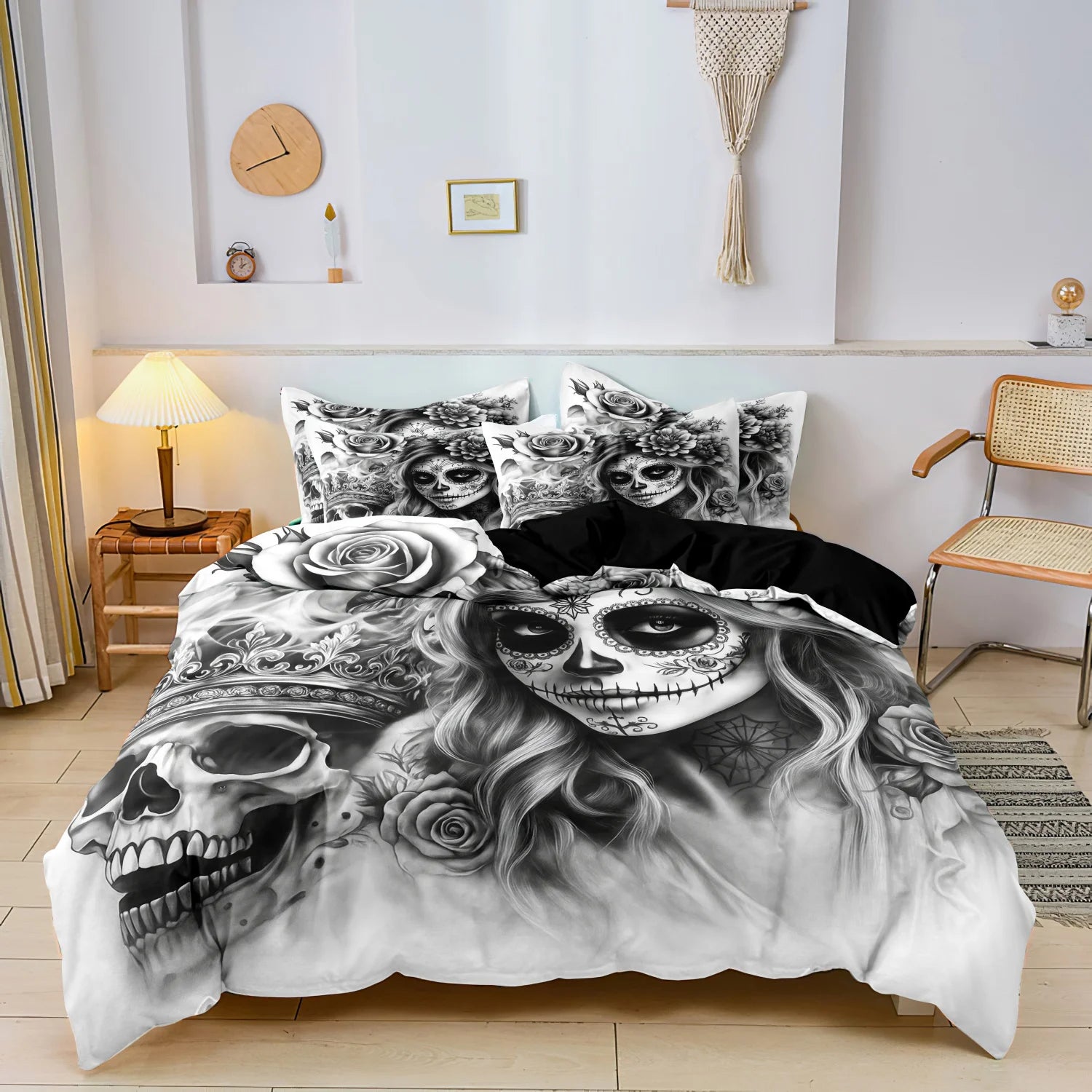 3Pcs Gothic Skull Queen Print Duvet Cover Set, Black White Floral Print Bedding Set, For Family Bedrooms Dormitories Hotels TAVEN System LLC