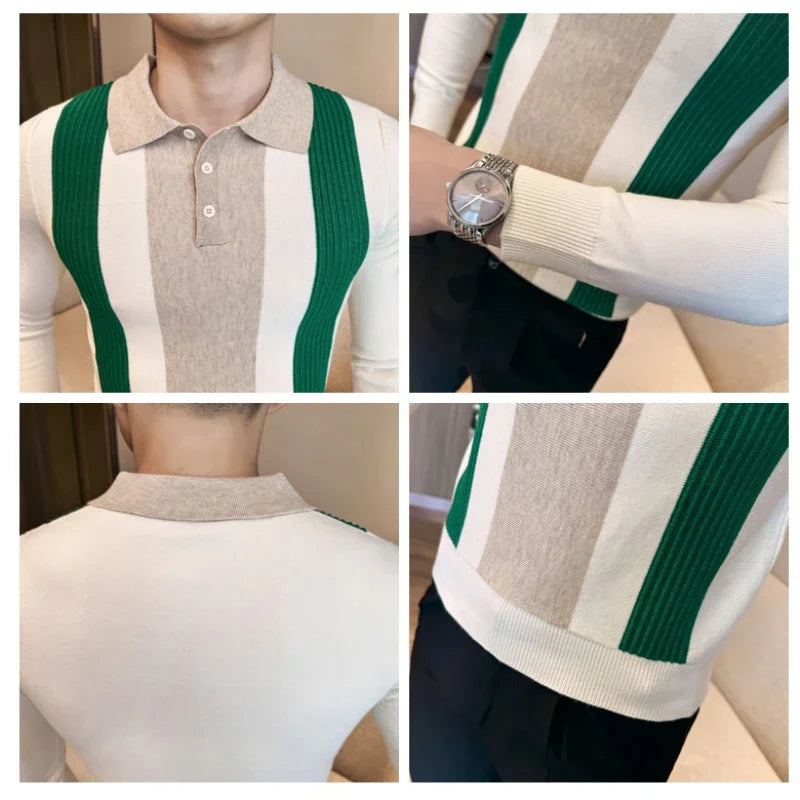 Men Knitted Polo Shirt Long Sleeve Stripe Zipper Slim Fit Sweater
