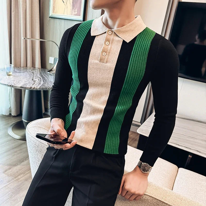 Men Knitted Polo Shirt Long Sleeve Stripe Zipper Slim Fit Sweater