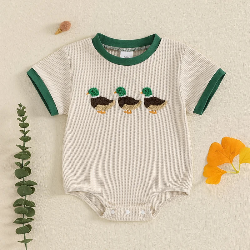 Baby Duck Embroidered Short Sleeve Unisex Cotton Romper Outfit