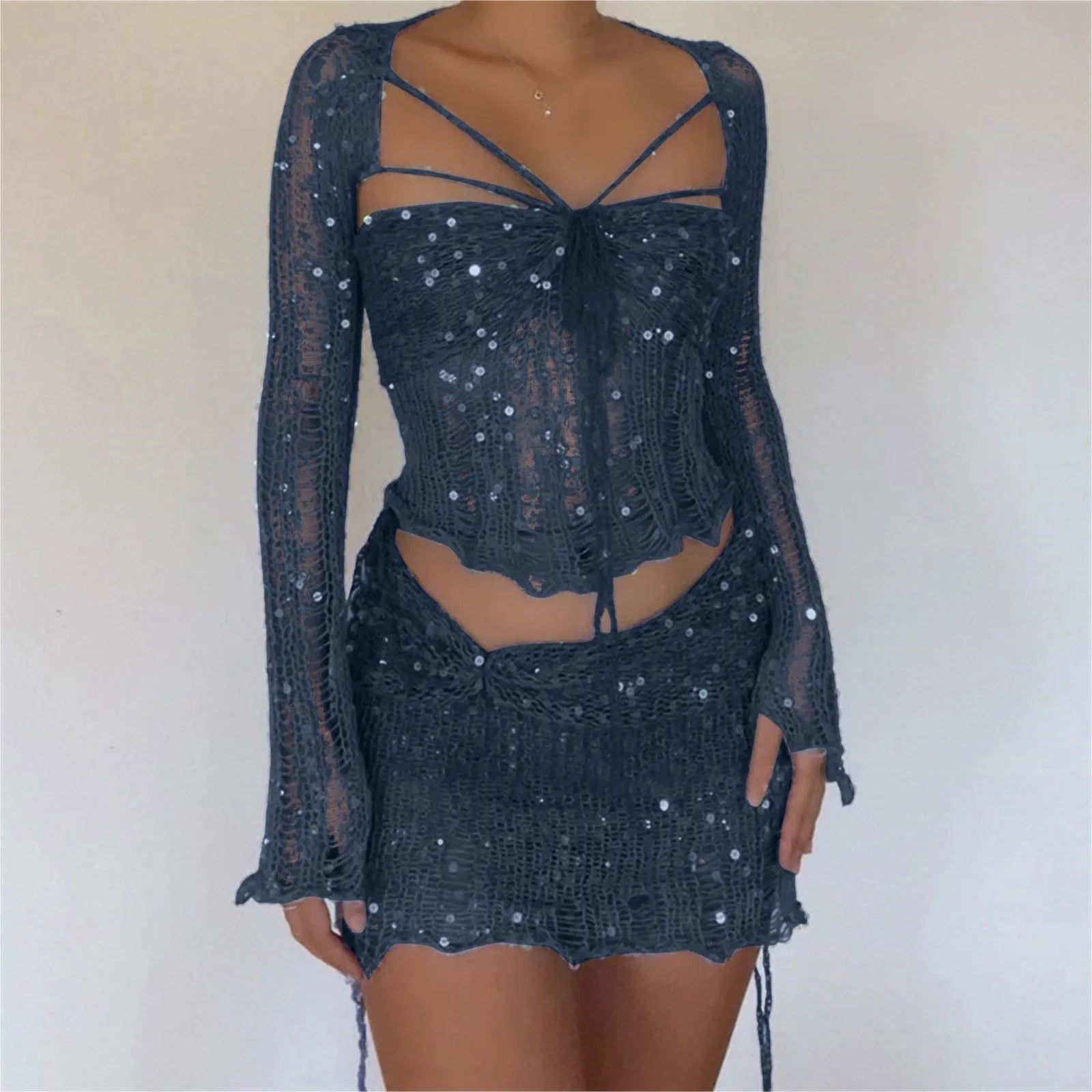 Glitter Sequins Knitted Skirt Sets Women Fashion Hollow Sequins Bandage Tube Top Mini Skirts 3 Piece Outfit Vacation Clothing TAVEN System LLC