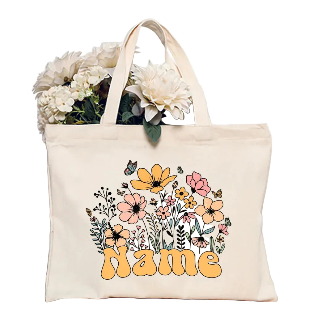 Personalized Flower Name Canvas Tote Bag Women Shoulder Shopper TAVEN System LLC