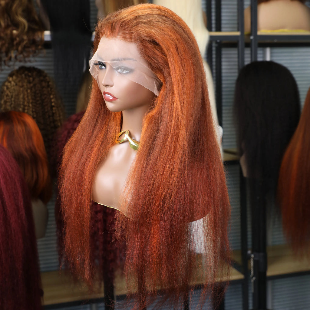 Hair Color: #2, Stretched Length: 20inches, Density: 220% - 4/350 Piano Color Kinky Straight 13x6 Lace Frontal Human Hair Wigs Highlight Ginger Orange Brown Color Remy 13x4 Lace Front Wig Taven