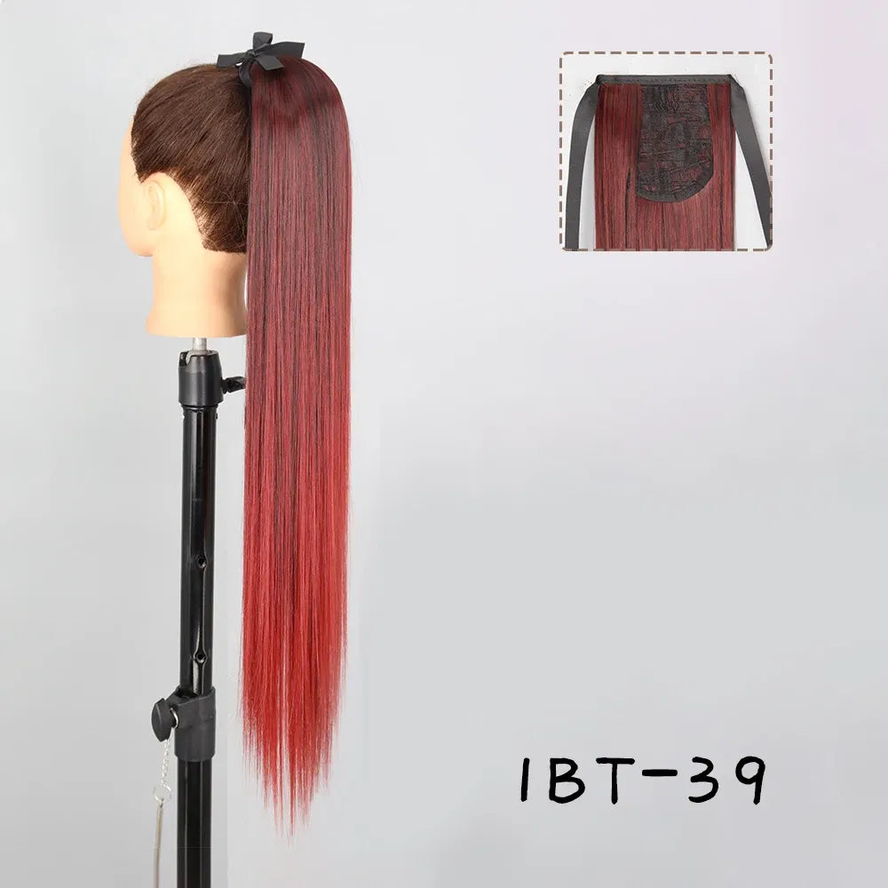 Color: T1B/350, Stretched Length: 34inches - AZQUEEN Straight Synthetic Hairpiece With Ponytail 85cm Super Long Wrap Around Clip In Hair Extensions Pony Tail For Daily Wear Taven