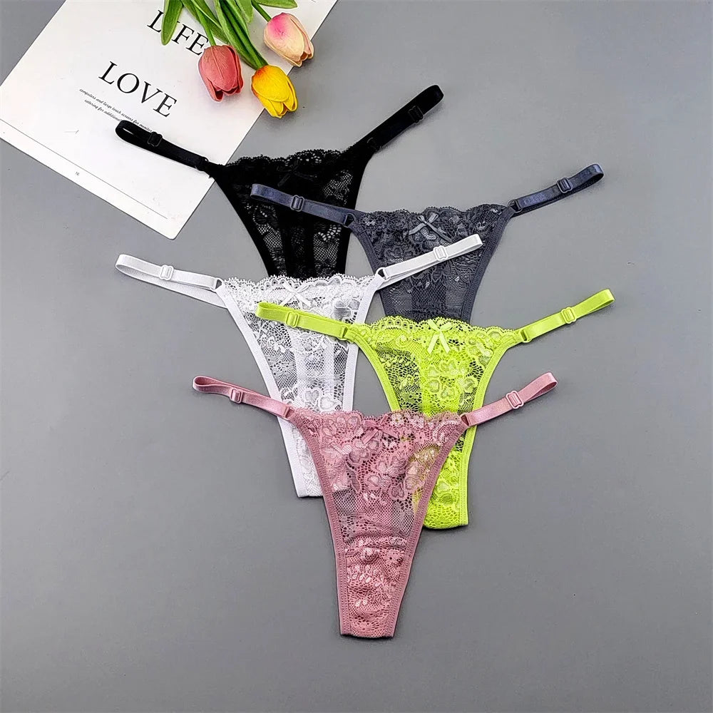 5PCS Free Shipping Seamless Women Thong Panties Adjust Belt Sexy Ice Silk G-string Lady Low Waist Lace Bikini T-back Plus Size TAVEN System LLC