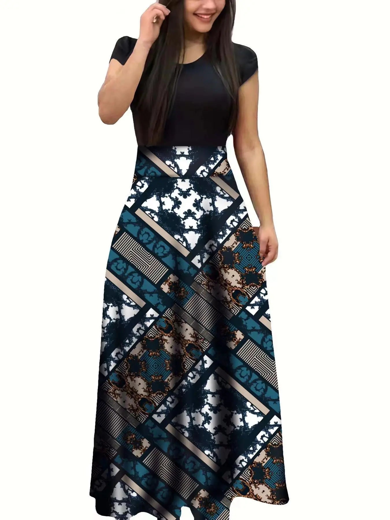 2024 European and American style flower print color matching short sleeved dress for women's large swing skirt TAVEN System LLC