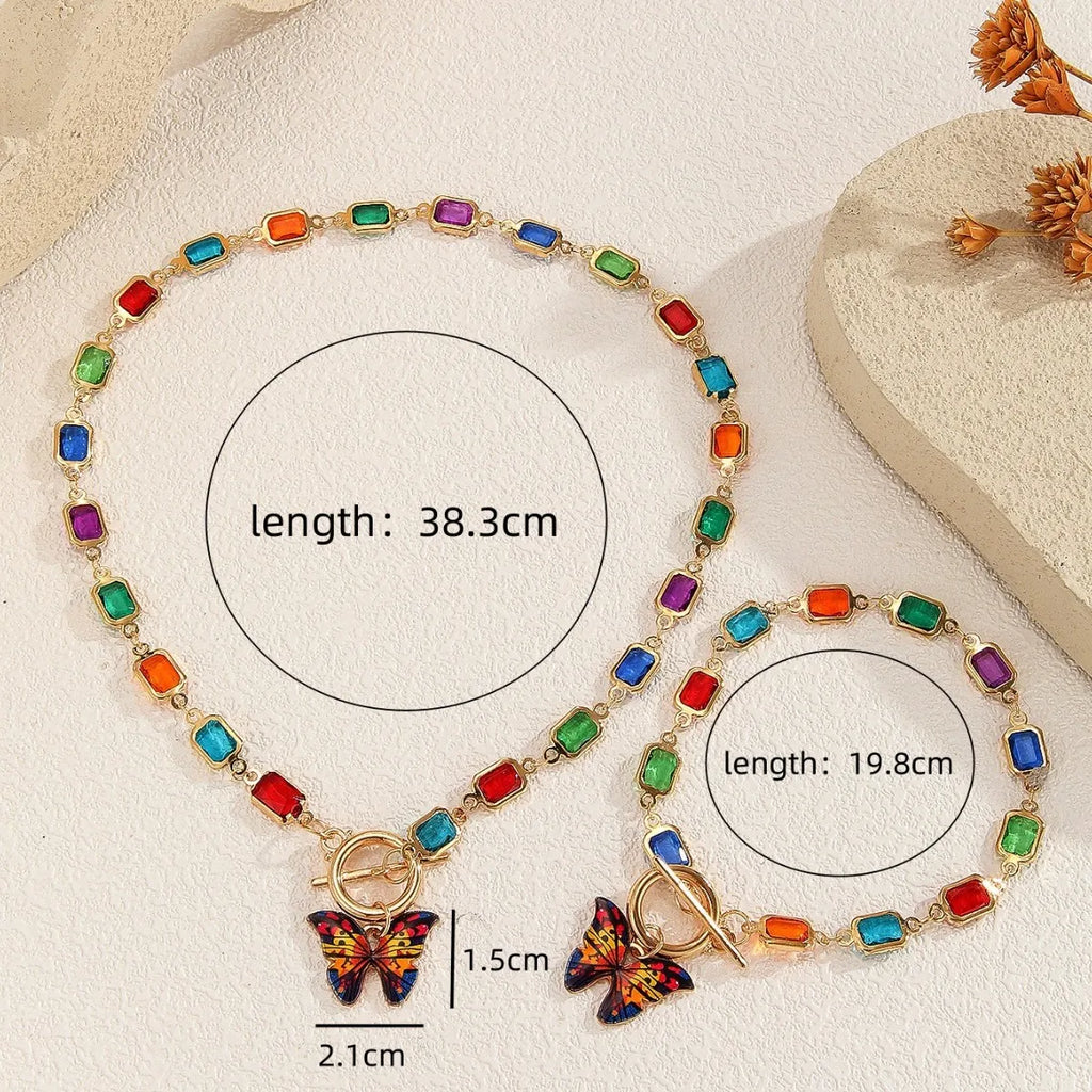 Multicolor Rectangle Rhinestone Butterfly OT Toggle Jewelry Set for Women, 14K Gold Plated Matching Choker Necklace Stackable Bracelet, Boho Colorful Summer Jewelry Gift for Festival Vacation Party TAVEN System LLC
