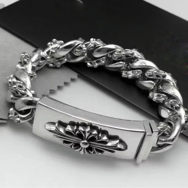 Vintage Silver Cross Flower Braided Chain Bracelet: Gothic Statement Jewelry TAVEN System LLC