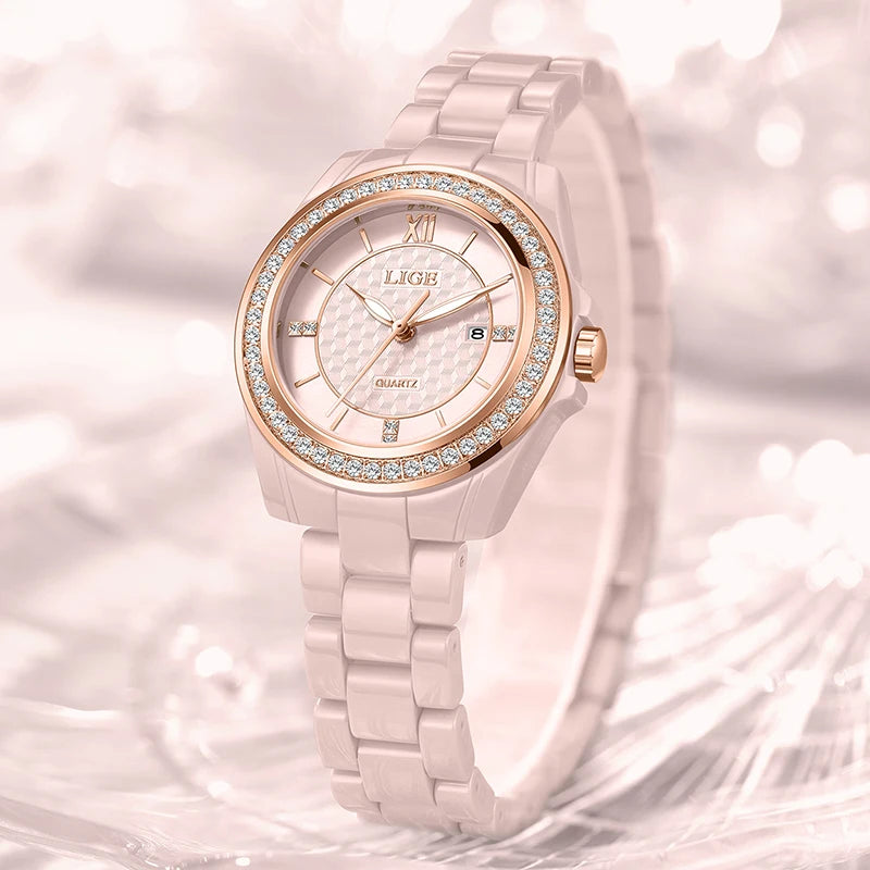 LIGE New Pink Watch Women Watches Top Brand Luxury Ceramic Watch Women Fashion Sport Waterproof Quartz Watch Female Montre Femme - TAVEN System LLC