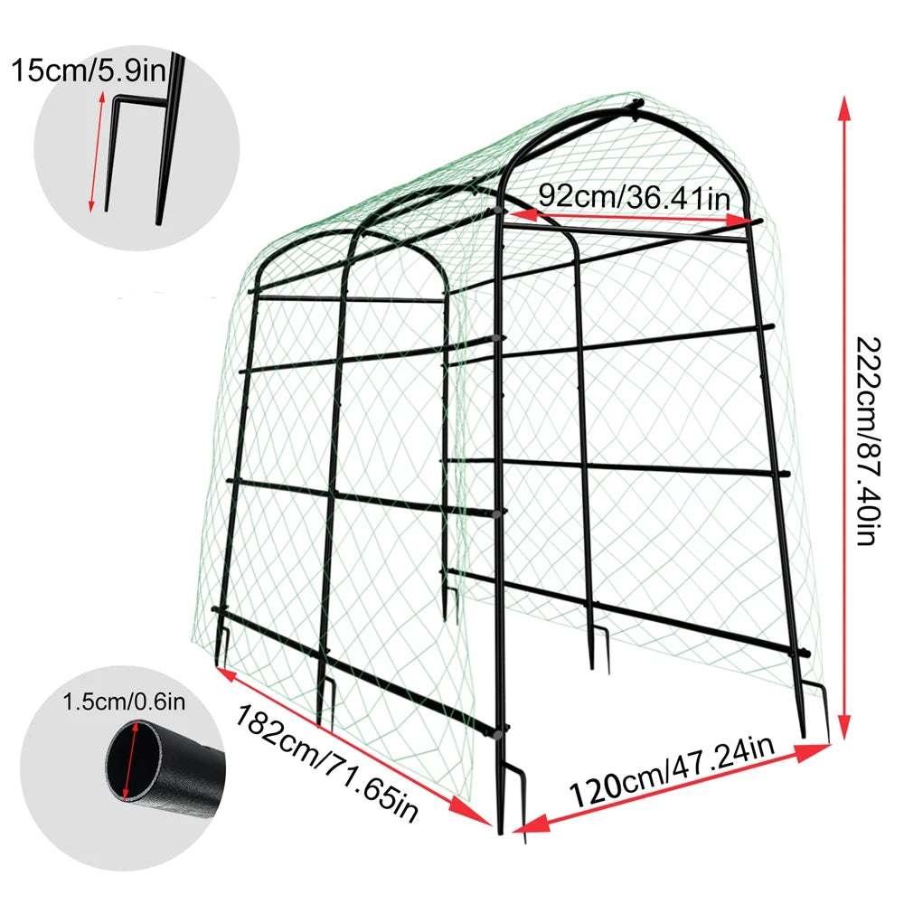 U shaped metal garden trellis with netting for climbing plants