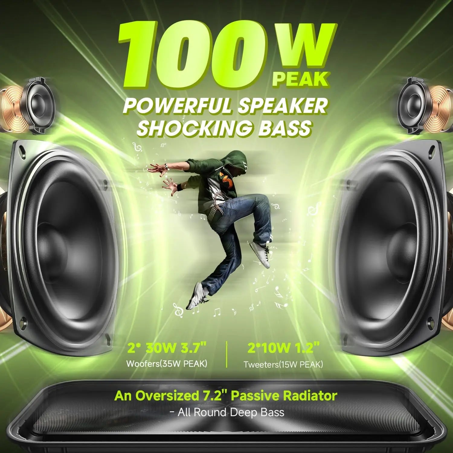 W-KING D9-1 Green Bluetooth Speaker, 100W Peak 60W HD IPX6 Portable Speaker Wireless Loud Waterproof Outdoor Party Large Boombox 2 Subwoofer/Ex-Large Passive Radiator-All Round Deep Bass/40H/PowerBank/TF/AUX/EQ TAVEN System LLC