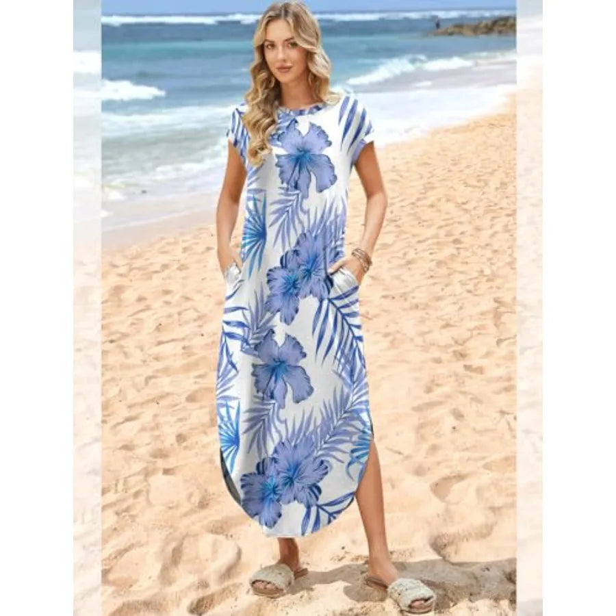 Women Tie Dye Maxi Dress Cap Sleeve Crewneck Beach Casual Sundress