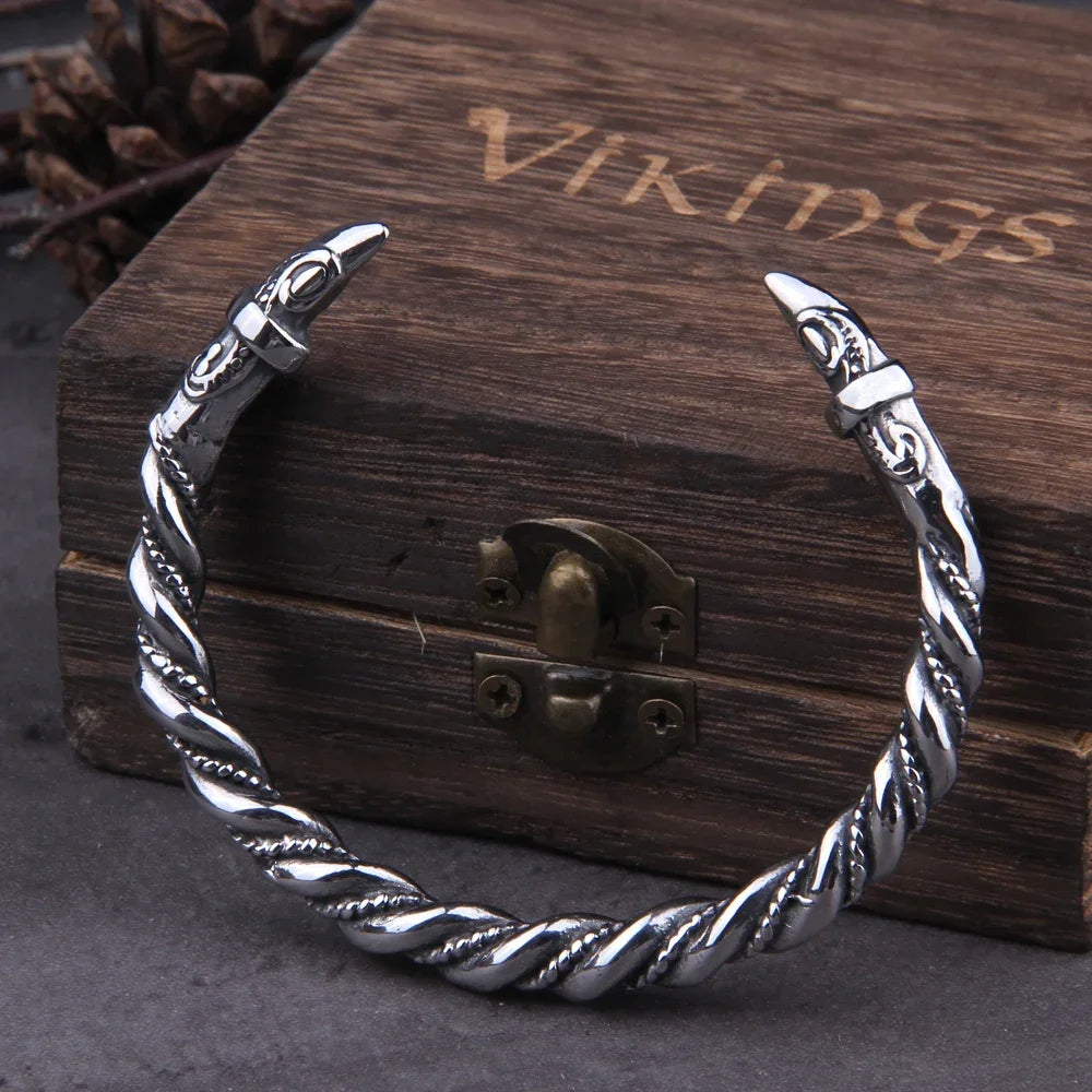 Stainless Steel Nordic Viking Norse Raven Bracelet Men Wristband Cuff Bracelets with viking wooden box TAVEN System LLC