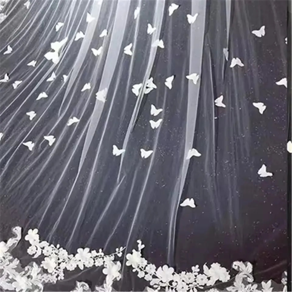 Wedding Veil Long Lace Edge 3D Butterfly Floral Appliques Face-Covered Cathedral Bridal Veil With Comb velo de novia White Ivory TAVEN System LLC