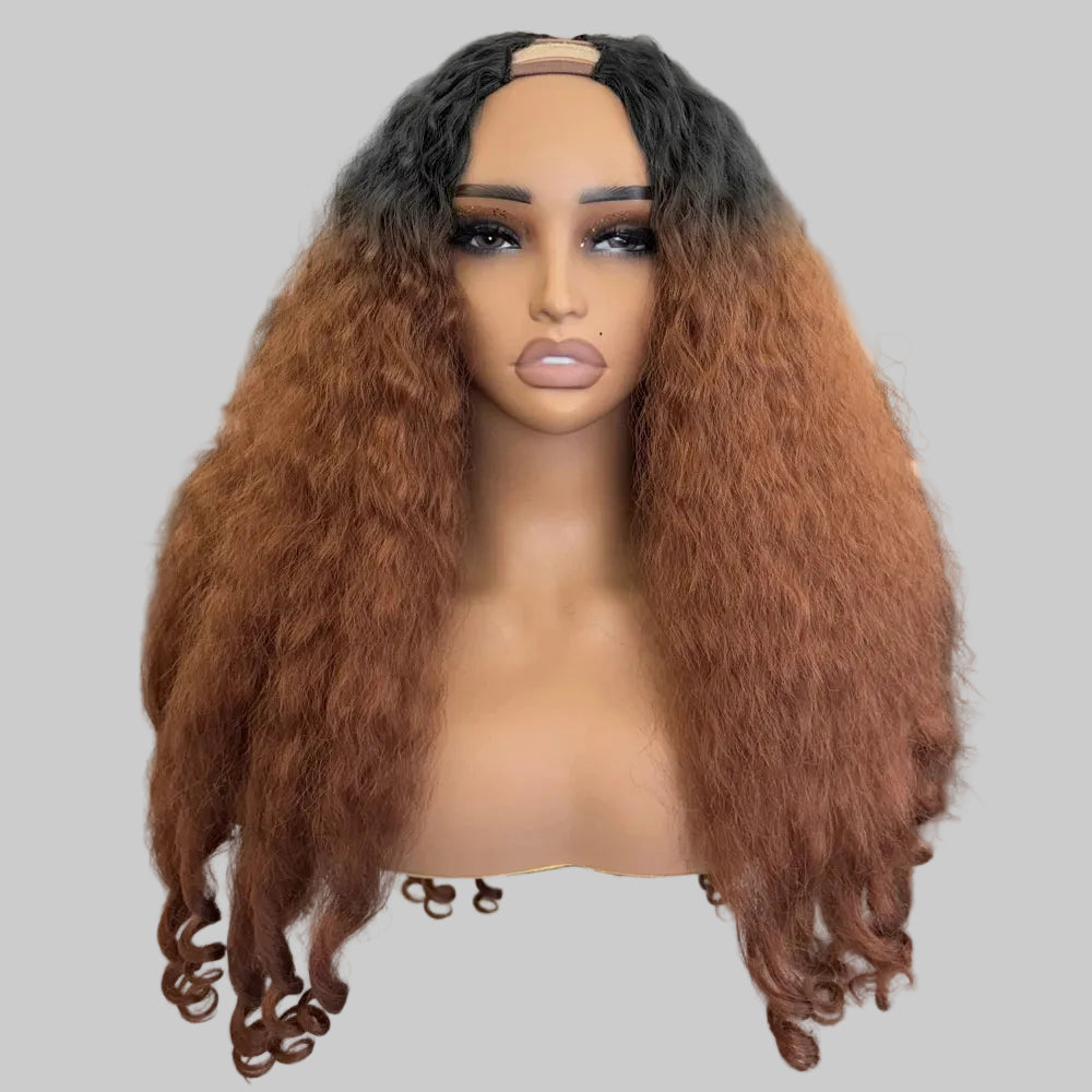 Afro Kinky Straight V Part Synthetic Glueless Wig for Women