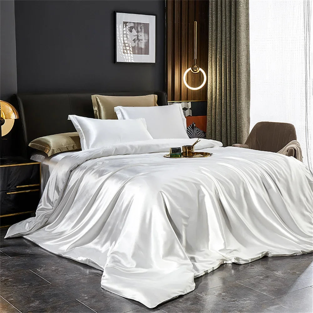 Solid Silk Bedding Set with Duvet Cover Bed Sheet Pillowcases Luxury Satin Single Double Bedsheet King Queen Twin Size TAVEN System LLC