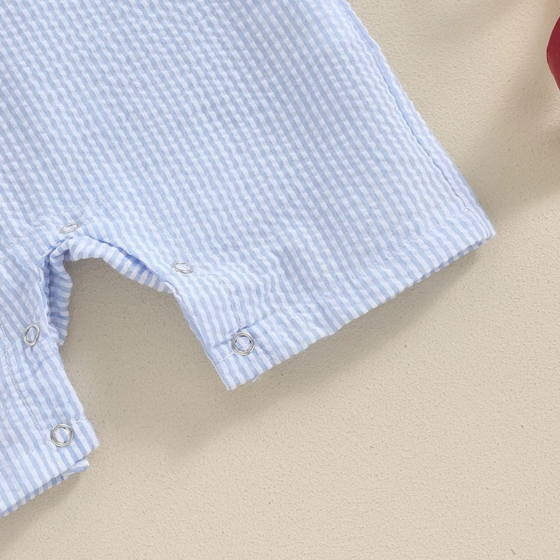 Baby Boy Striped Birthday Overalls with Cake Embroidery Outfit