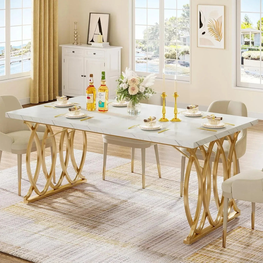 Modern Faux Marble Dining Table with Gold Metal Base 63 Inch TAVEN System LLC