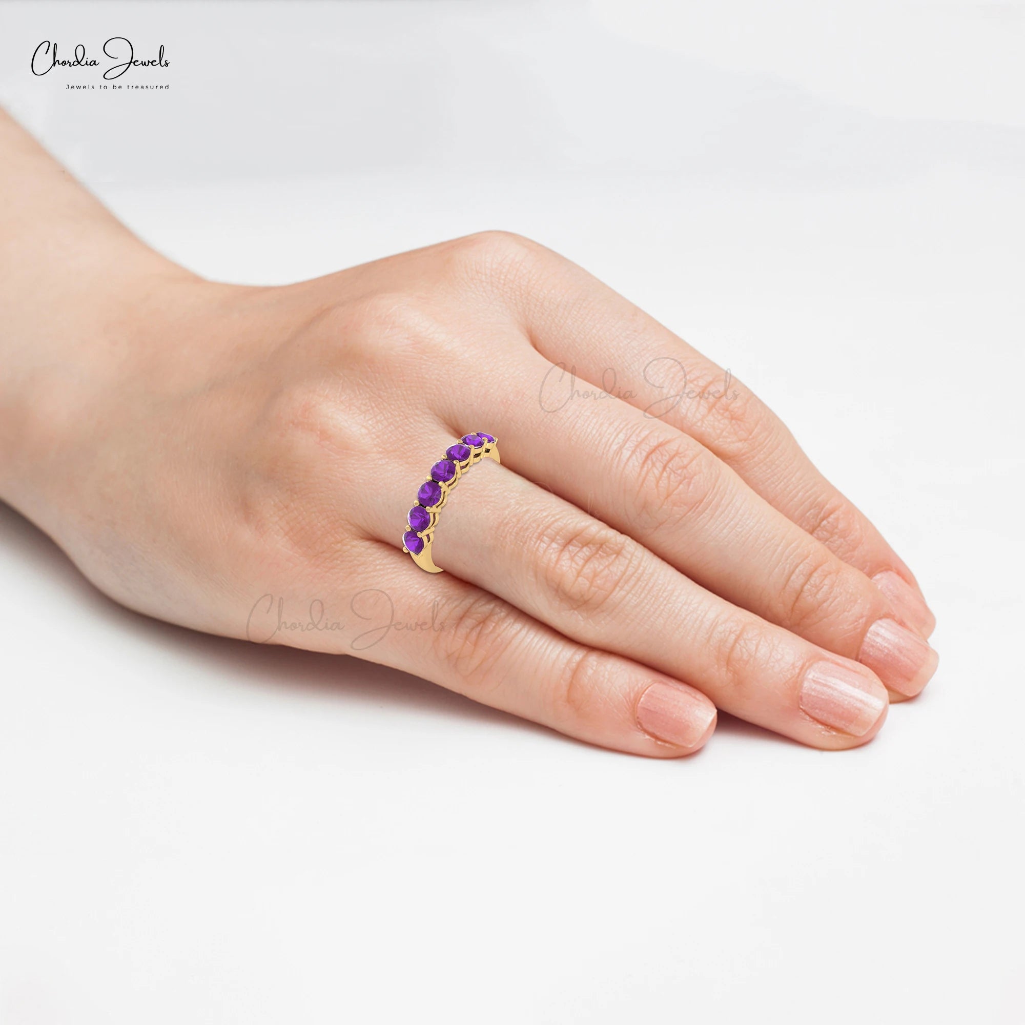 Trending Products 3mm Round Cut Amethyst Gemstone Half Eternity Band in 14k Fine Yellow Gold Stackable Ring Wholesale Lots TAVEN System LLC