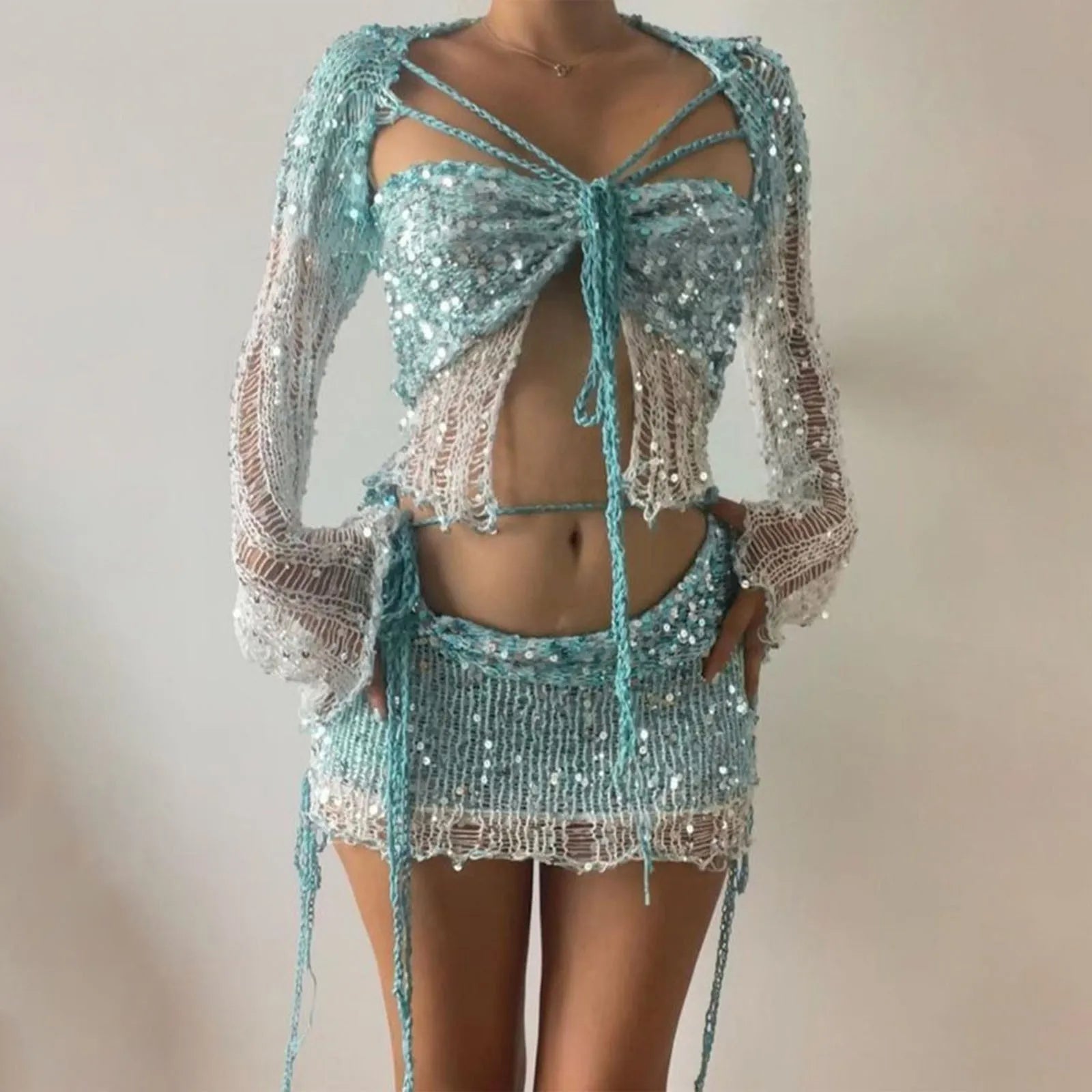 Glitter Sequins Knitted Skirt Sets Women Fashion Hollow Sequins Bandage Tube Top Mini Skirts 3 Piece Outfit Vacation Clothing TAVEN System LLC