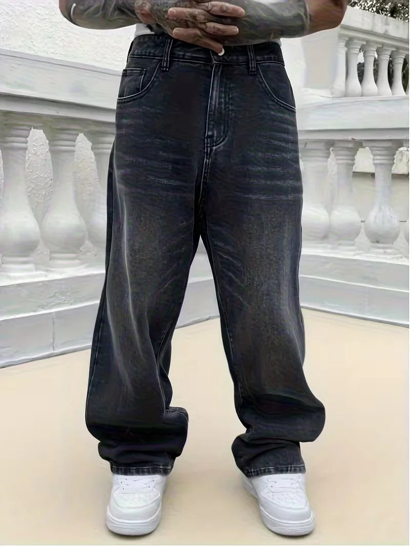 Men's loose wide-leg jeans, black washed non-stretch denim pants, multi-pocket design, suitable for daily casual wear. TAVEN System LLC