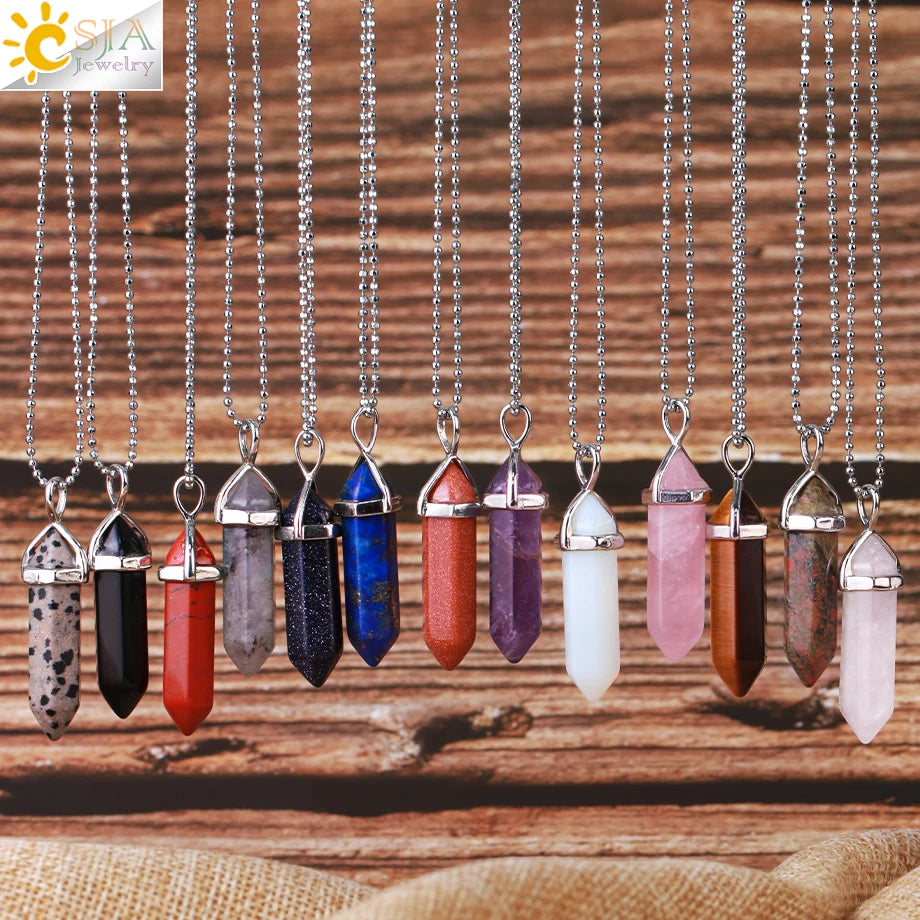 CSJA Hexagonal Bullet Crystal Necklaces Natural Gem Stone Quartz Necklace Pendant Chakra Amethysts Pink Quartz Lapis Lazuli G957 TAVEN System LLC
