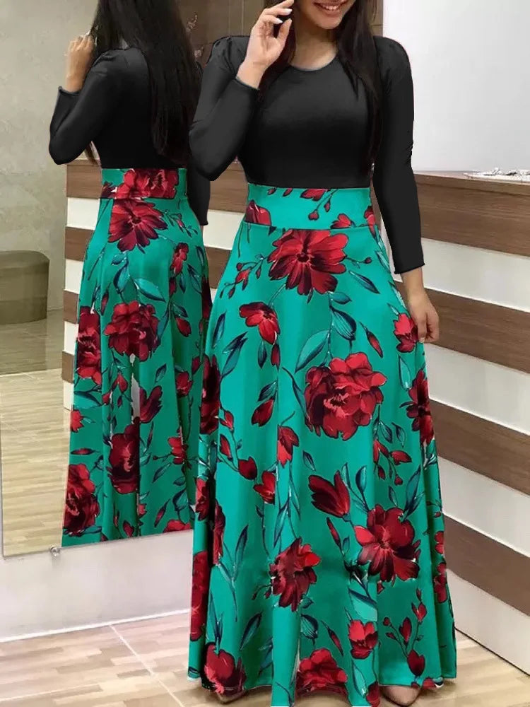 2024 European and American style flower print color matching short sleeved dress for women's large swing skirt TAVEN System LLC