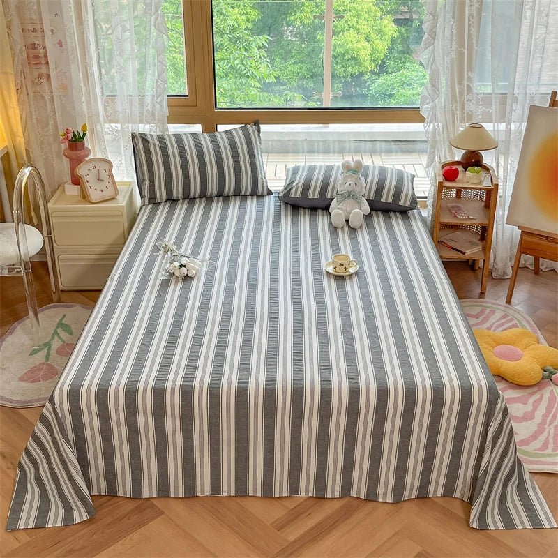 Japanese Style 100% Cotton Plaid Bed Sheet Soft Skin Friendly Flat Sheet or Sheet and Pillowcases Set Queen King Size Bedspreads TAVEN System LLC