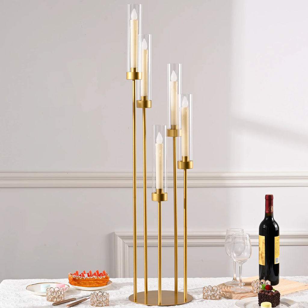 Gold Floor Candelabra 5 Arm Tall Candle Holder with Acrylic Lampshade for Wedding Table Birthday Party Decoration 10PCS TAVEN System LLC