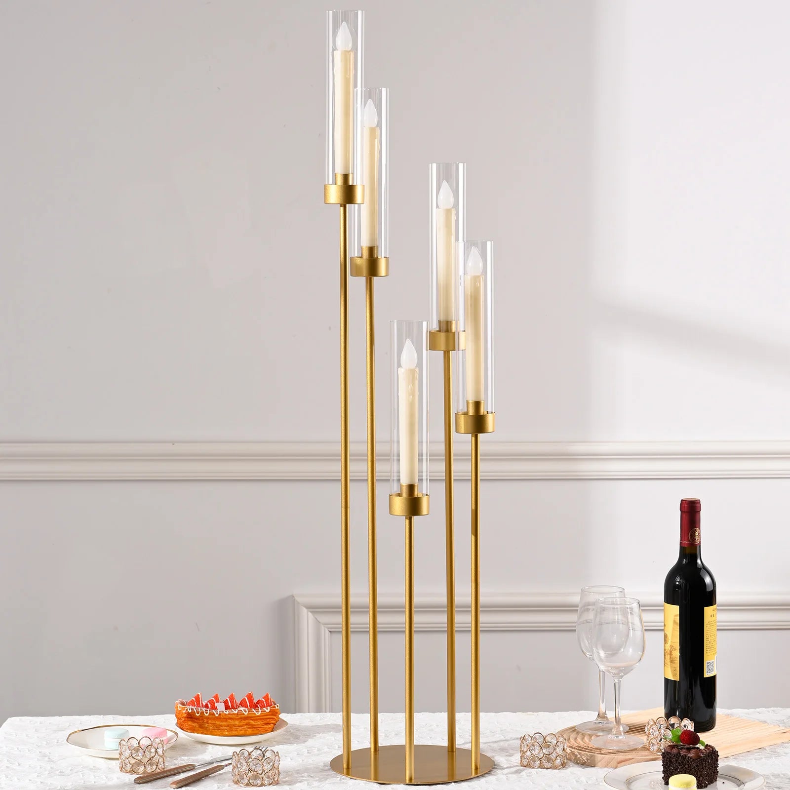 Gold Floor Candelabra 5 Arm Tall Candle Holder with Acrylic Lampshade for Wedding Table Birthday Party Decoration 10PCS TAVEN System LLC