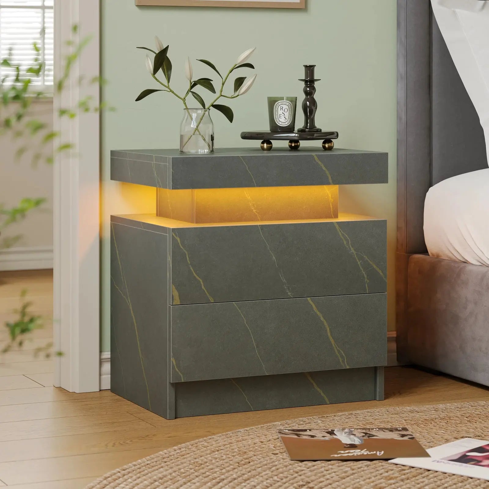 RGB Bedside White Table With 2 Drawers Cubehom LED Nightstand TAVEN System LLC
