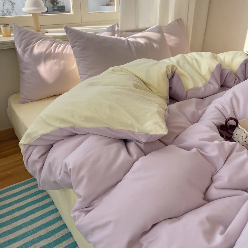 Cotton Bedding Set 4pcs with Solid Bed Sheet Duvet Cover Pillowcases Single Couple Bedsheet King Queen Double Twin Size TAVEN System LLC