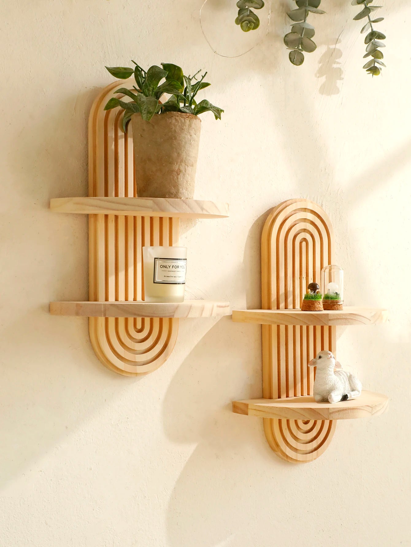 1Pc Boho Style Wooden Wall Shelves - Geometric Wall Mounted Shelves, Natural Wood Finish, Modern Home Decor, Plant Decorative TAVEN System LLC