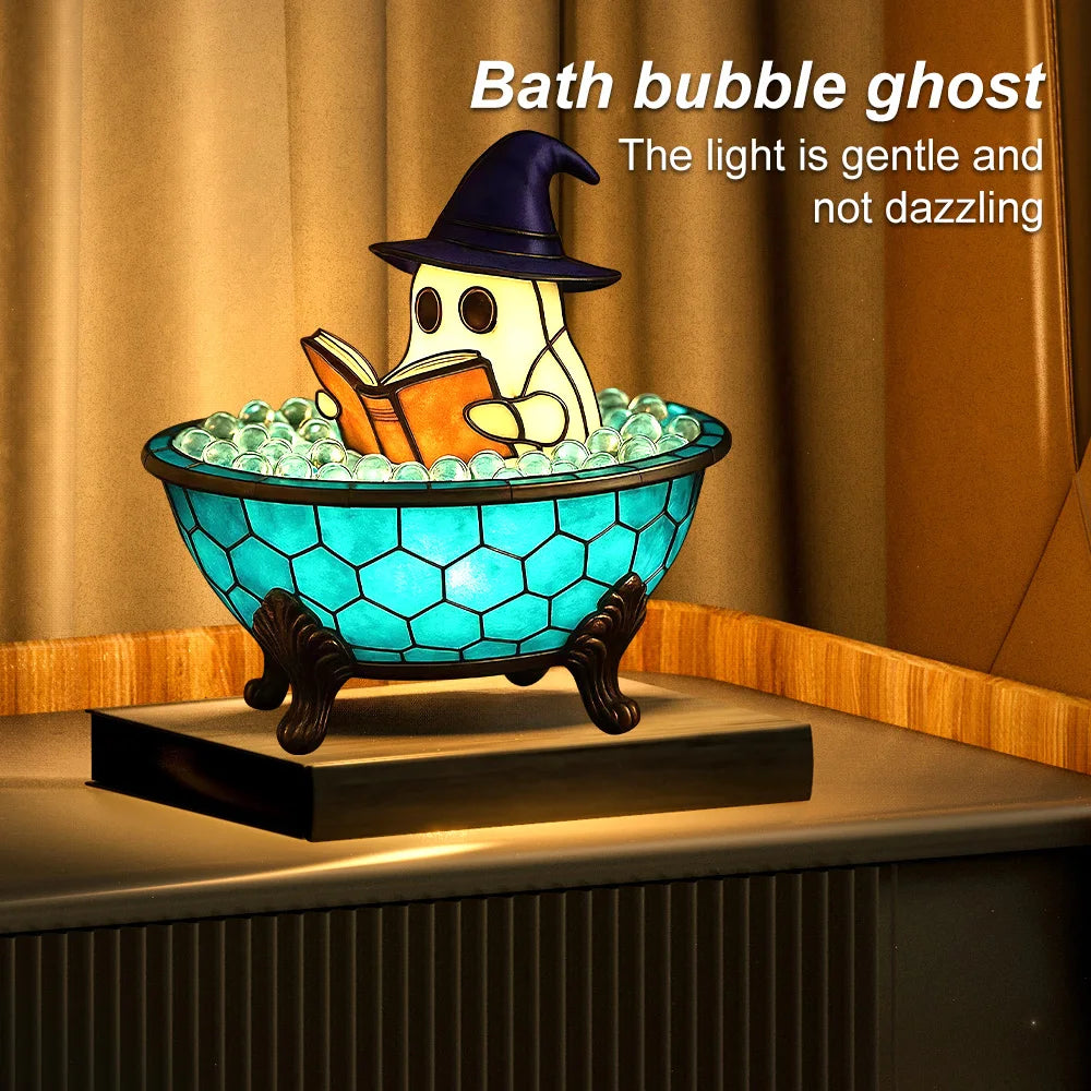 Halloween Ghost Bathtub Reading Book Table Lamp Tiffany Stained Glass Night Light Cute Spooky Ghost in Bubble Bowl Decor Lamp for Bedroom Living Room Holiday Home Decor Gift TAVEN System LLC
