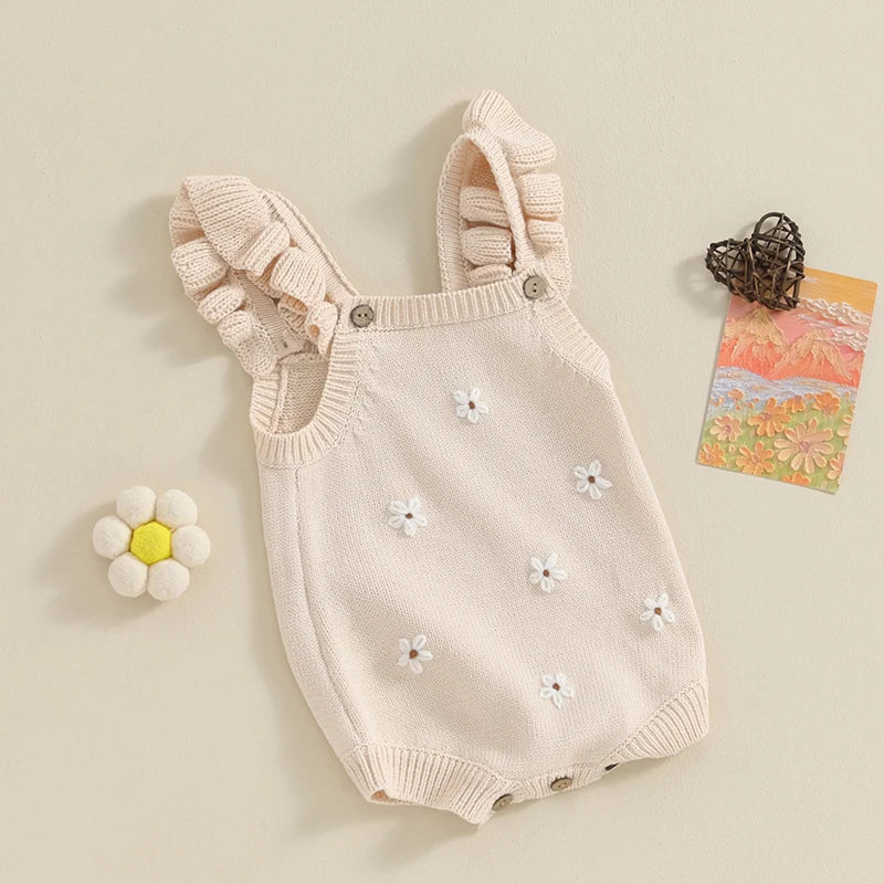 Baby Girl Floral Embroidered Knitted Sleeveless Romper Outfit