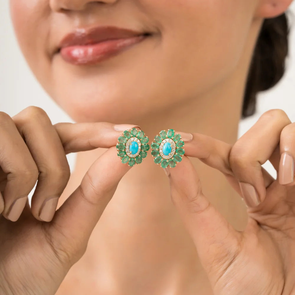 Most Trending Products Fine Emerald Turquoise & Diamond Flower Halo Stud Earrings Statement Jewelry 14K Solid Yellow Gold TAVEN System LLC