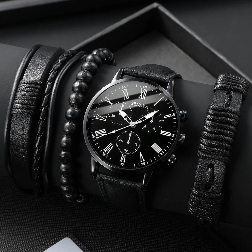4PCS/Set Fashion Men's Business Watches Casual Leather Strap Quartz Wristwatches Vintage Bracelets Set Reloj Hombre（Without Box） - TAVEN System LLC