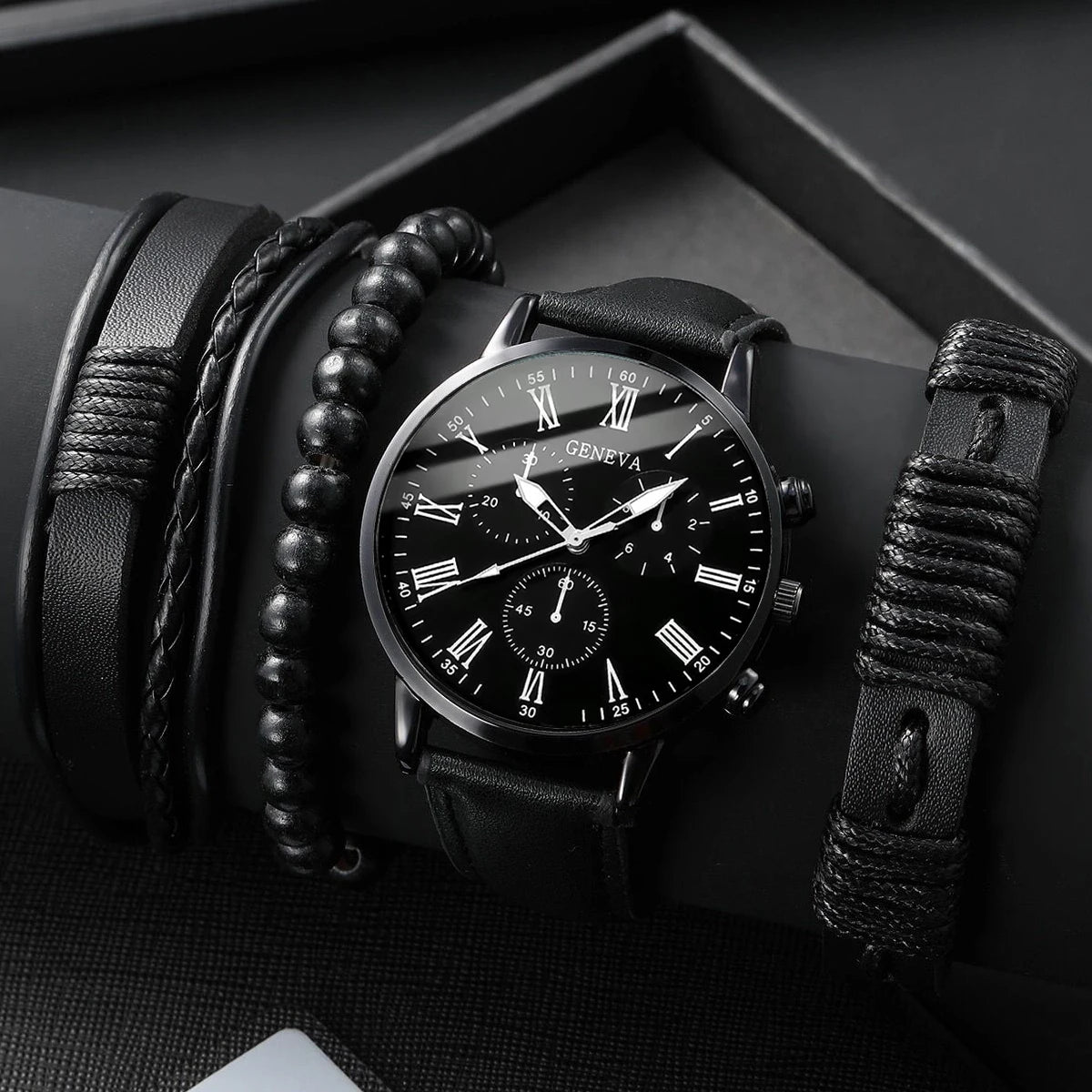 4PCS/Set Fashion Men's Business Watches Casual Leather Strap Quartz Wristwatches Vintage Bracelets Set Reloj Hombre（Without Box） - TAVEN System LLC