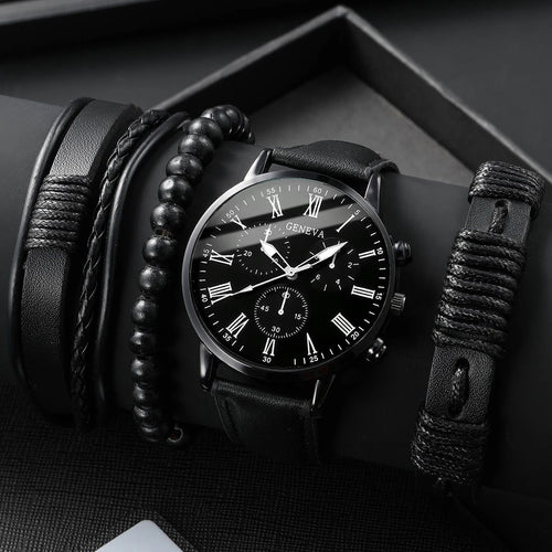 4PCS/Set Fashion Men's Business Watches Casual Leather Strap Quartz Wristwatches Vintage Bracelets Set Reloj Hombre（Without Box） - TAVEN System LLC