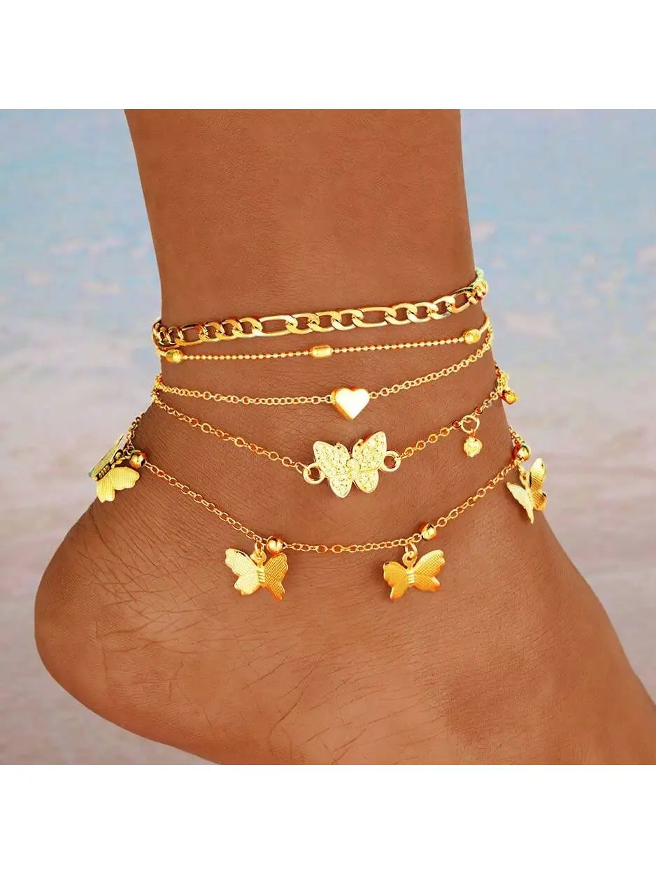 Pack of 4 Gold Anklets for Women And Girls Adjustable Butterfly Heart Starfish Multilayer Jewelry Anklet Set TAVEN System LLC