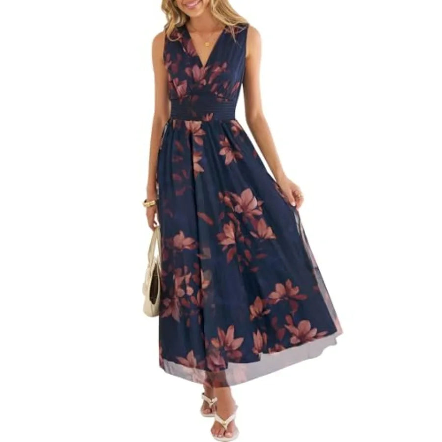 Women Floral Maxi Dress Elegant A-Line Boho Wedding Guest Sundress