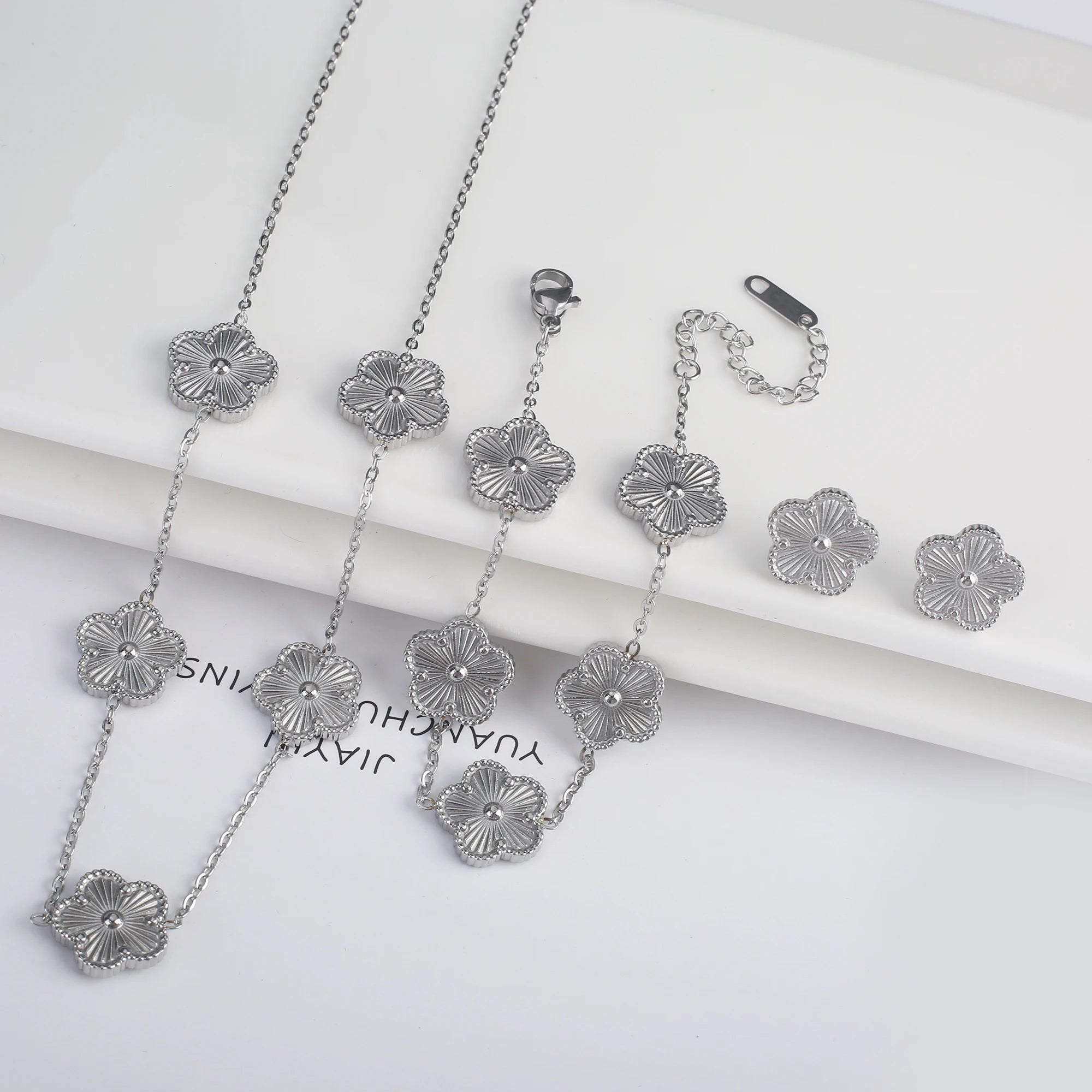3Pcs 18k Gold-Plated Five-Leaf Flower Necklace Earrings Bracelet Jewelry Set for Woman Fashion Party Jewelry Daily Wear Clover TAVEN System LLC
