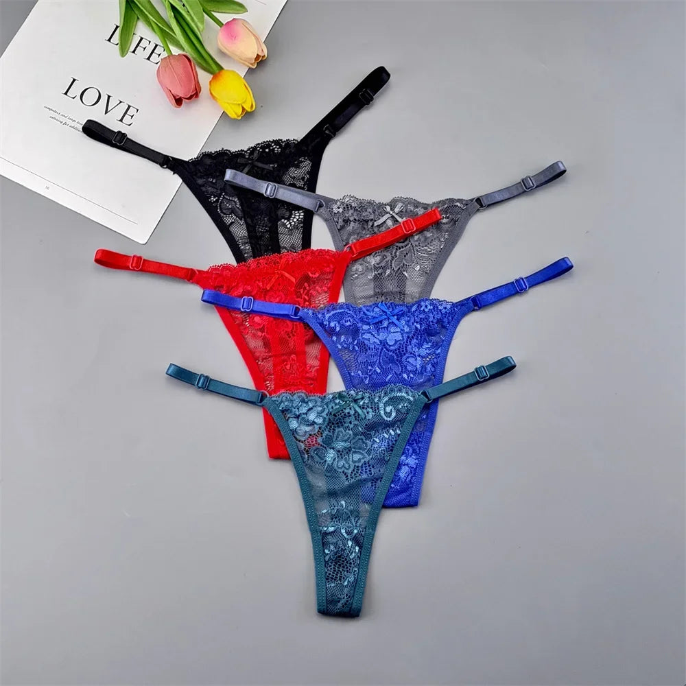 5PCS Free Shipping Seamless Women Thong Panties Adjust Belt Sexy Ice Silk G-string Lady Low Waist Lace Bikini T-back Plus Size TAVEN System LLC