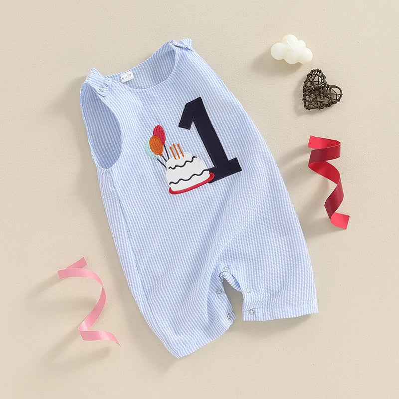 Baby Boy Striped Birthday Overalls with Cake Embroidery Outfit