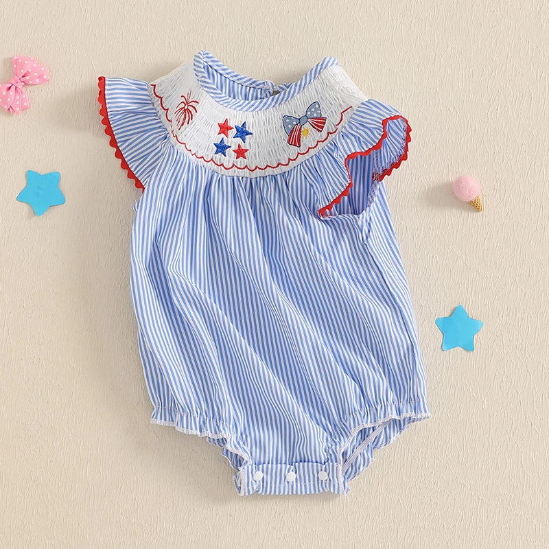Baby Girl Striped Fly Sleeve Romper with Stars and Bow Outfit