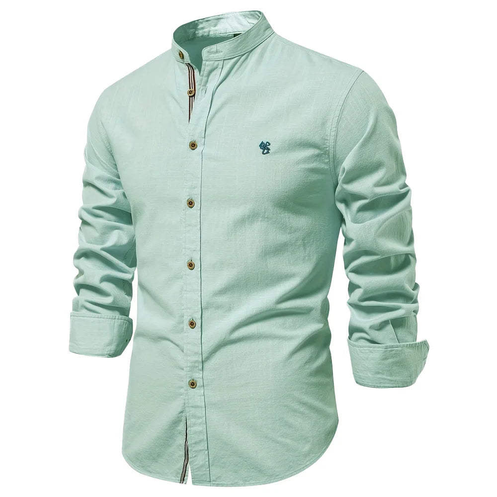 Men’s Cotton Linen Long Sleeve Solid Color Business Shirt TAVEN System LLC
